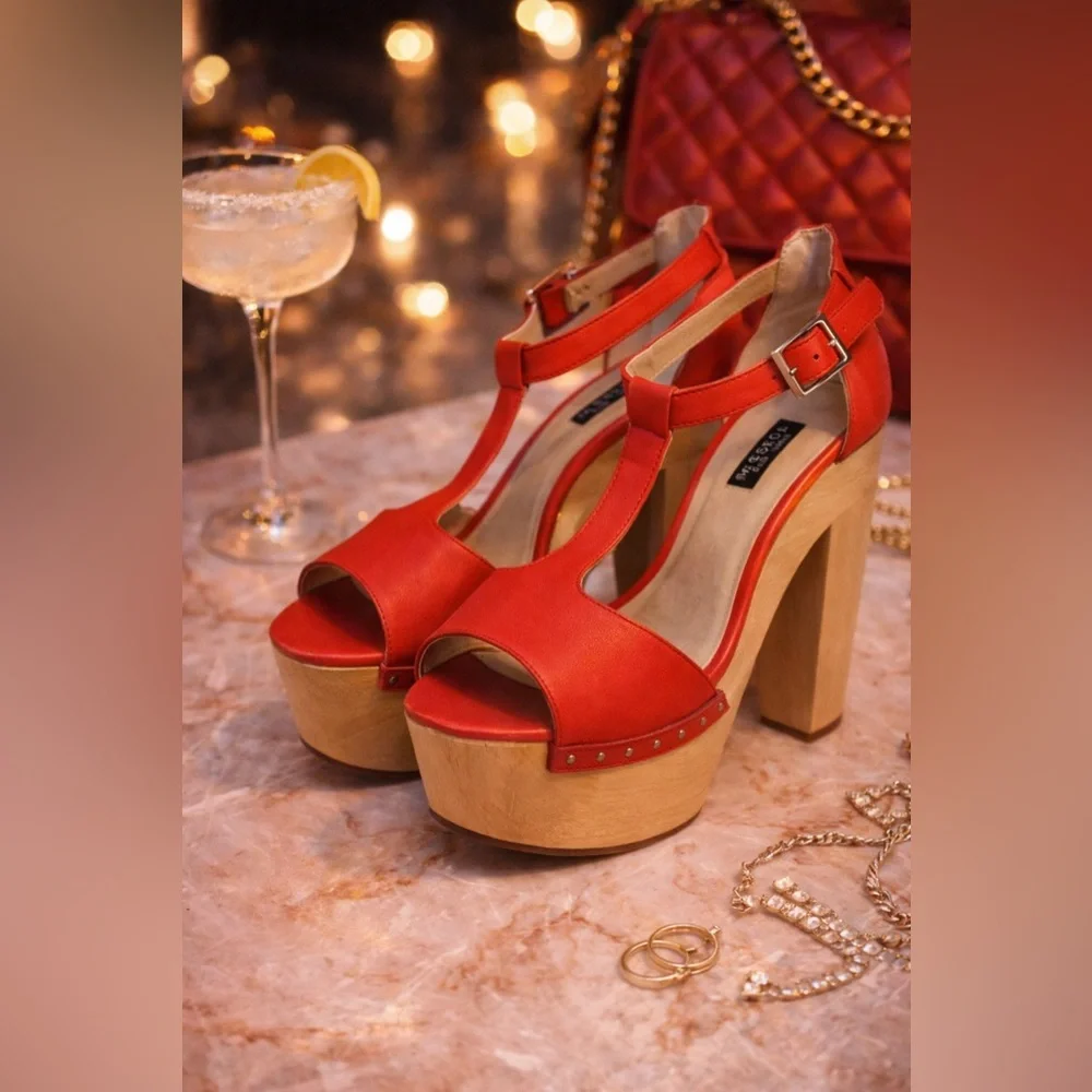 Messeca New York Open Toe Platform Heels Red Wood Heel Size 9.5